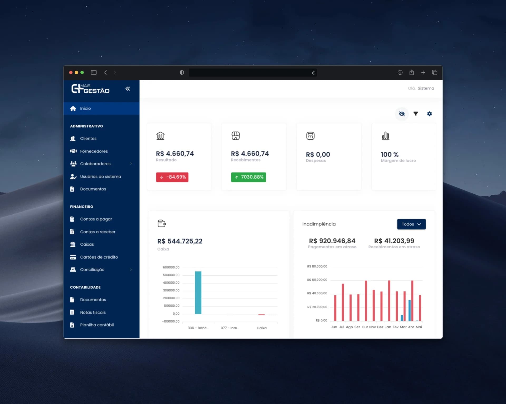 Dashboard financeiro com conciliação bancária automática via API de open finance